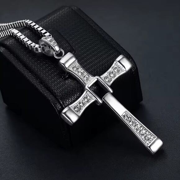 Silver Cross Necklace Fast & Furious CZ Diamonds Christian Vin Diesel Faith Gift - Picture 3 of 8